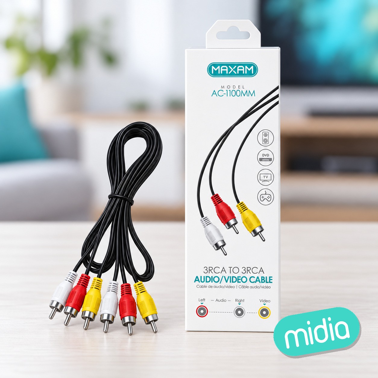 AC-1100MM Cable de audio/video negro, 3RCA a 3RCA, 1.5m