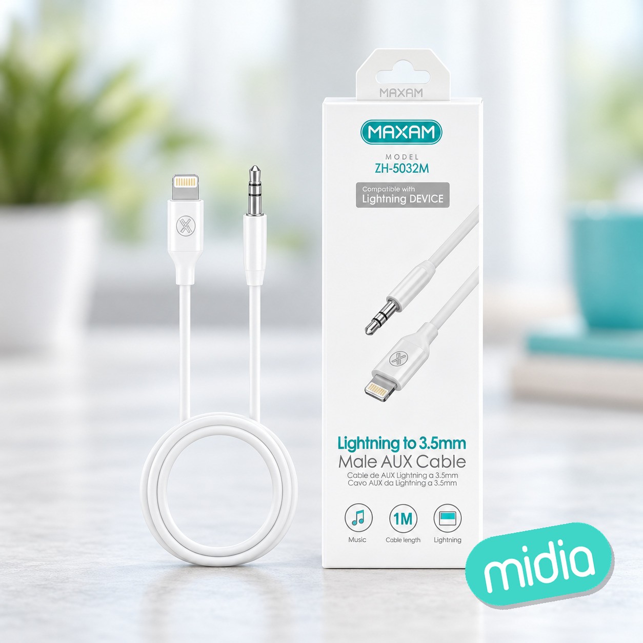 ZH-5032M Blanco Cable de audio auxiliar para coche, cable adaptador Lightning a 3,5 mm, 1 metro