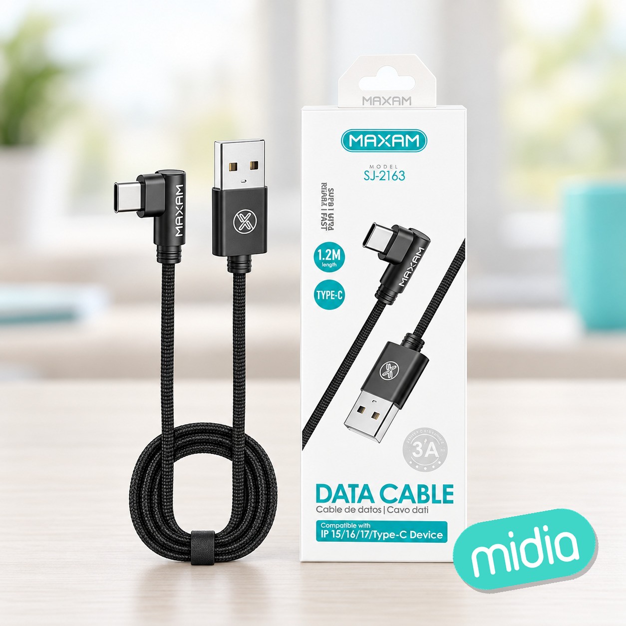 53-2163 Negro Cable trenzado de aluminio en ángulo recto tipo C 3A 1,2 m (compatible con iPhonel