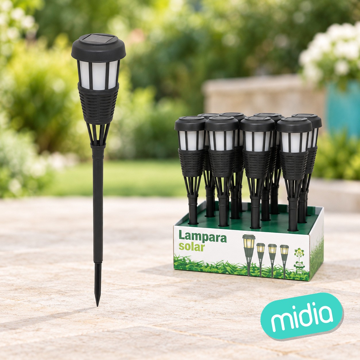 Lampara solar efecto llama 6led 7,5x7,5x50,5 cm