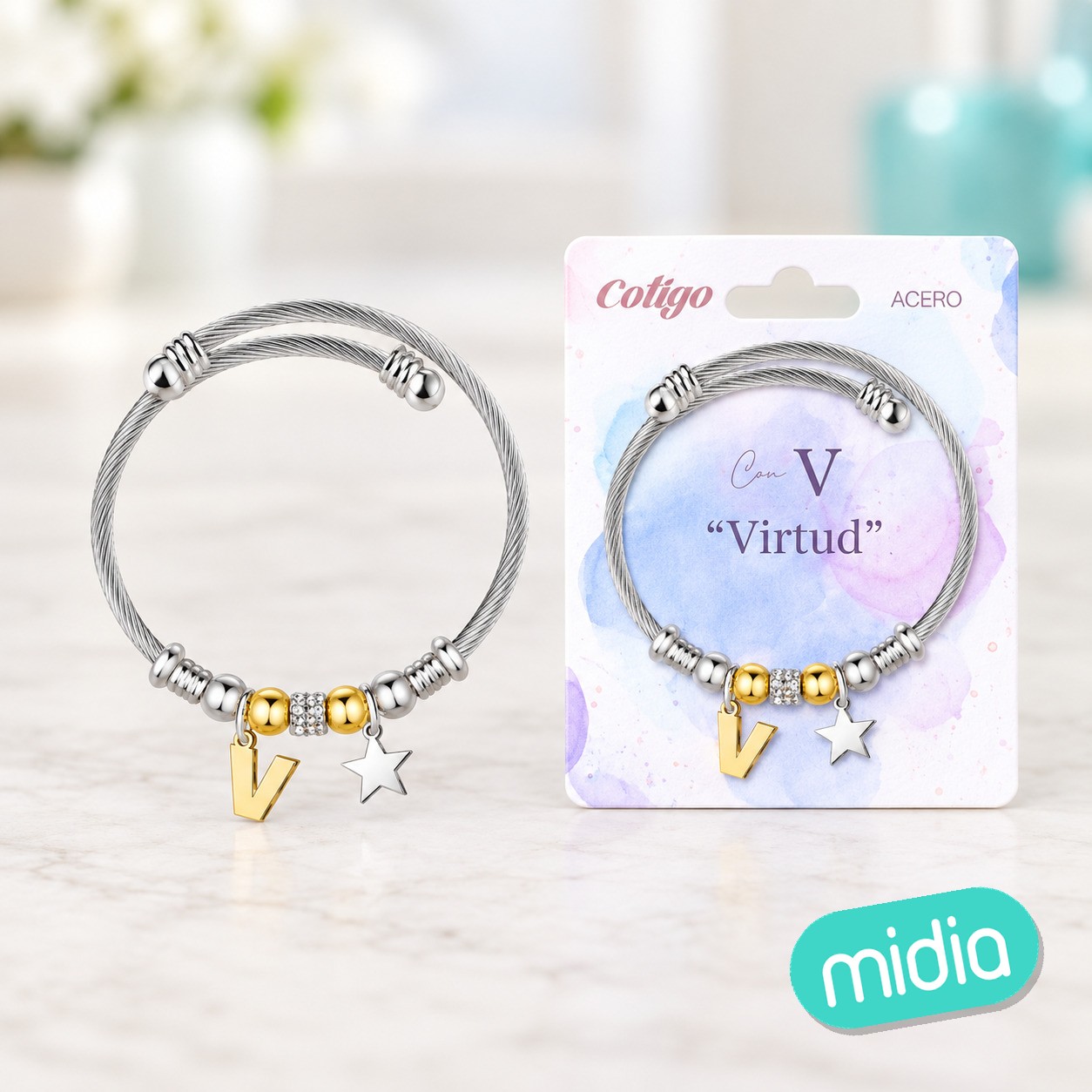 Brazalete acero con letra v