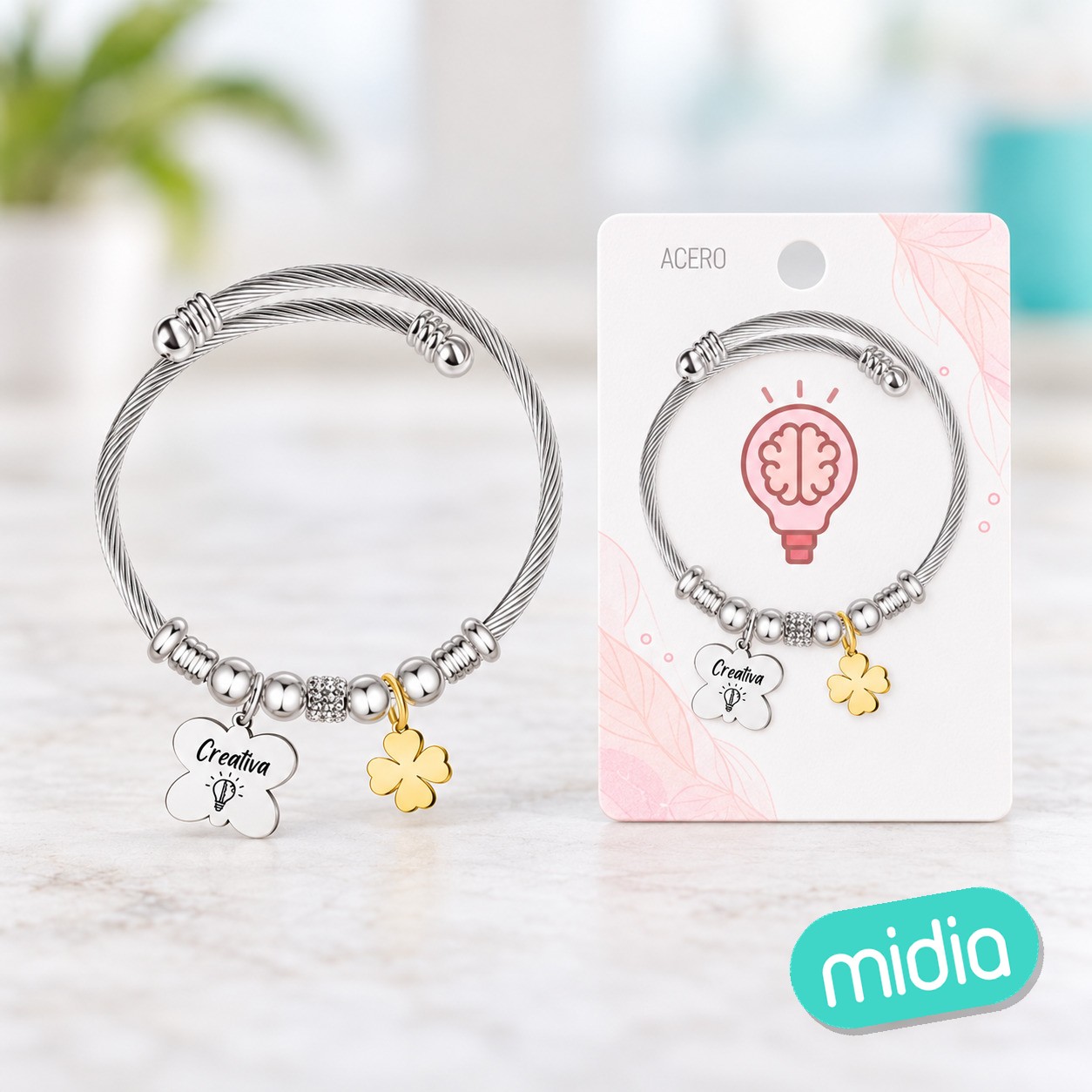 Brazalete acero con palabra: creativa