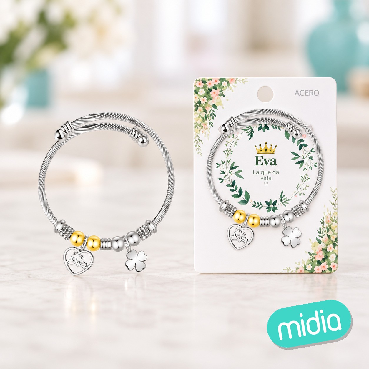 Brazalerte acero con nombre:eva