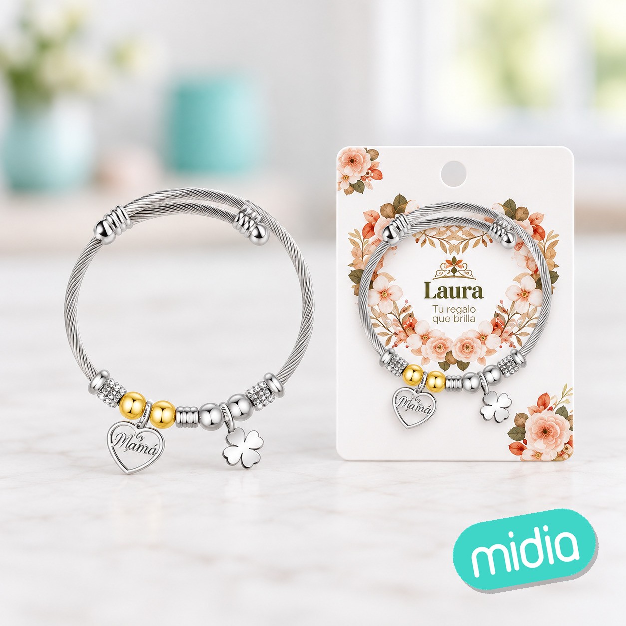 Brazalerte acero con nombre:laura