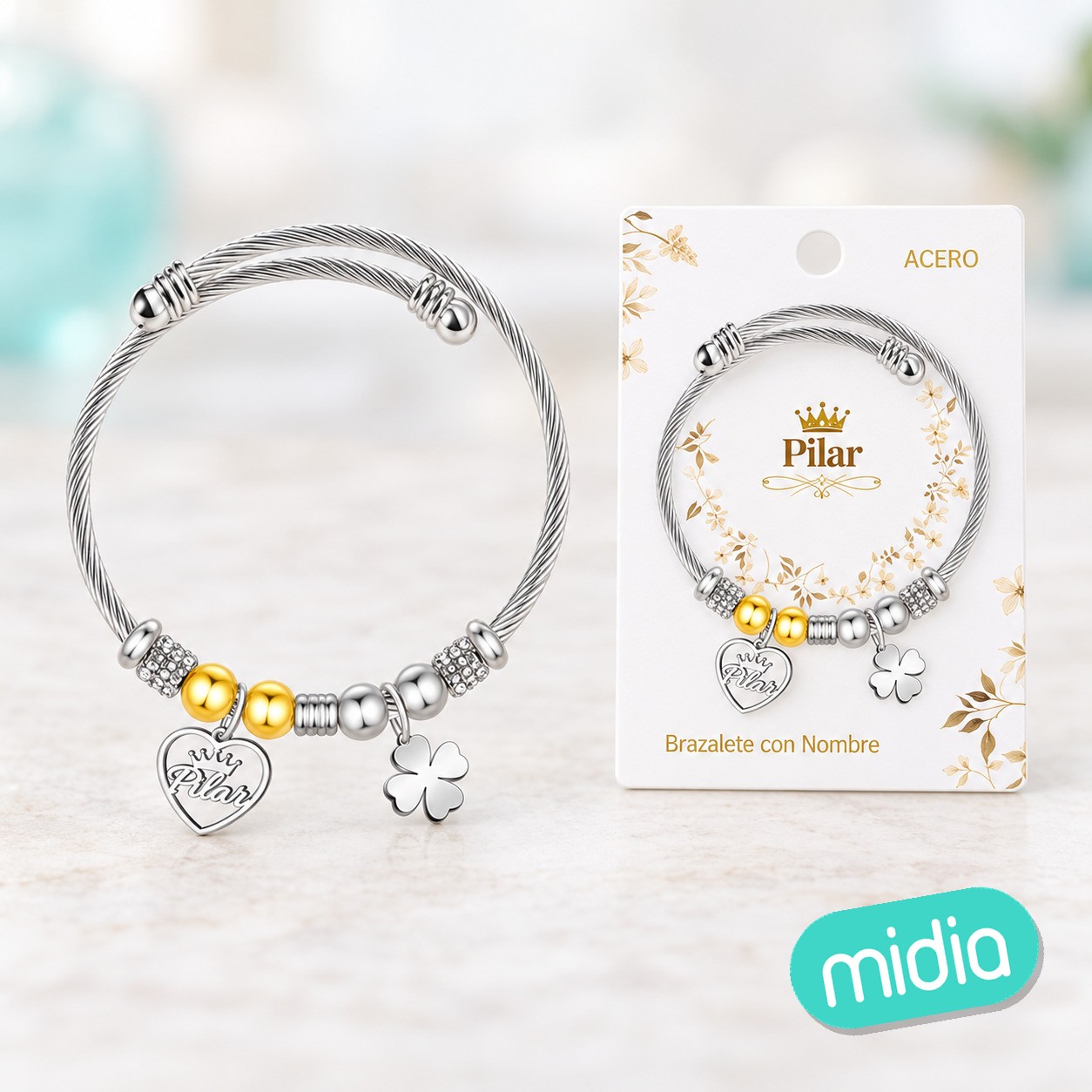 Brazalerte acero con nombre:pilar