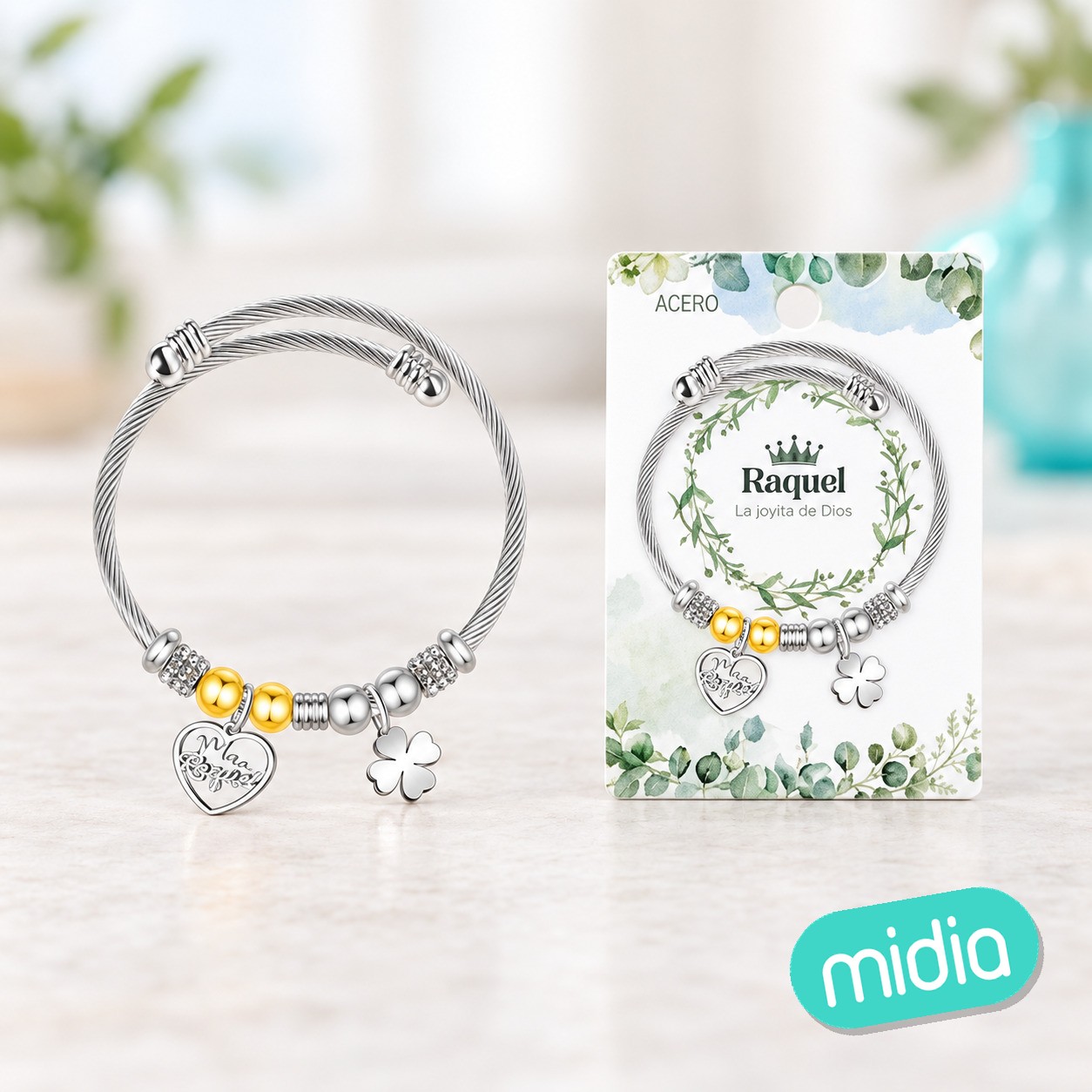 Brazalerte acero con nombre:raquel