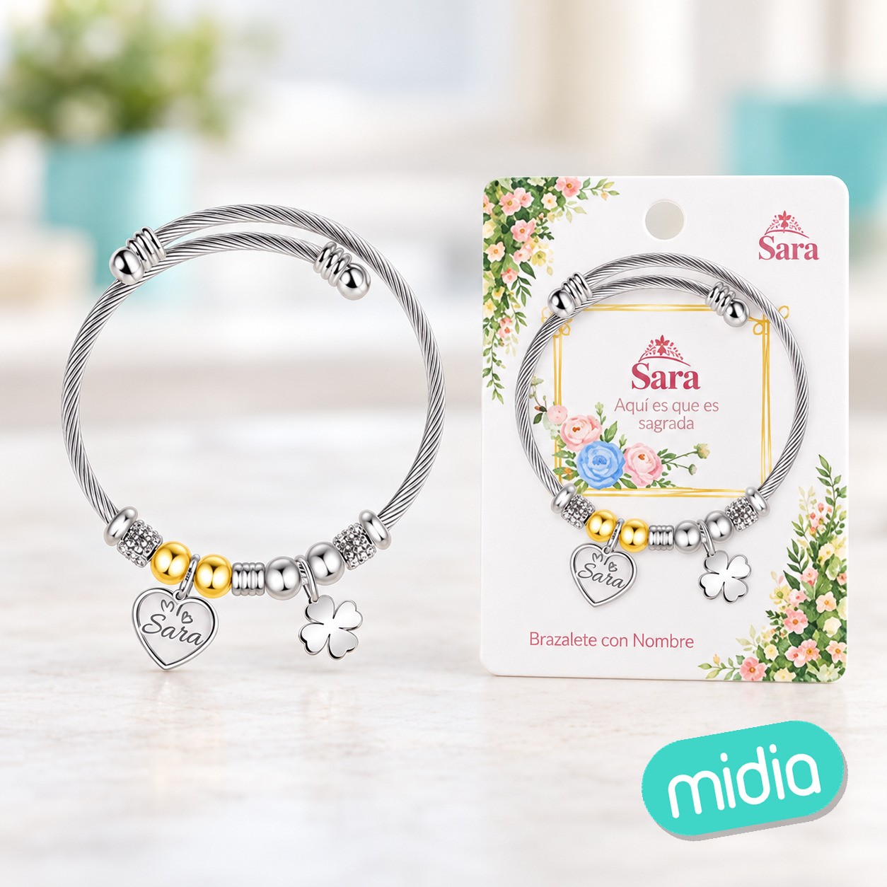 Brazalerte acero con nombre:sara