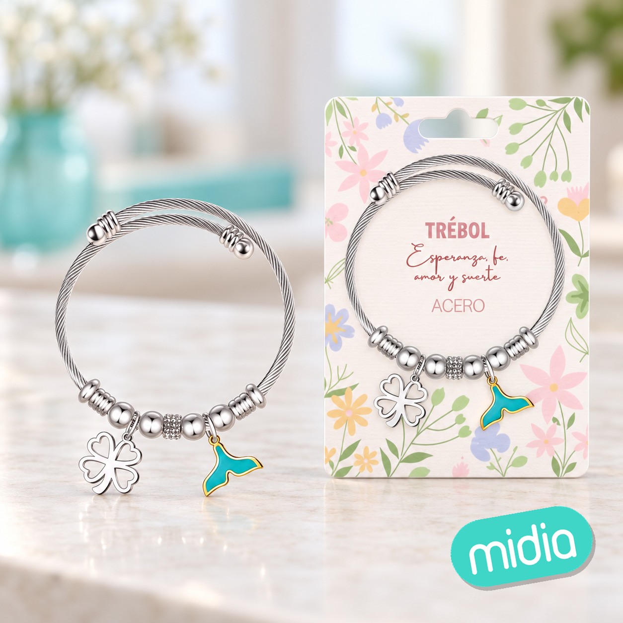 Brazalete acero con: trebol de
