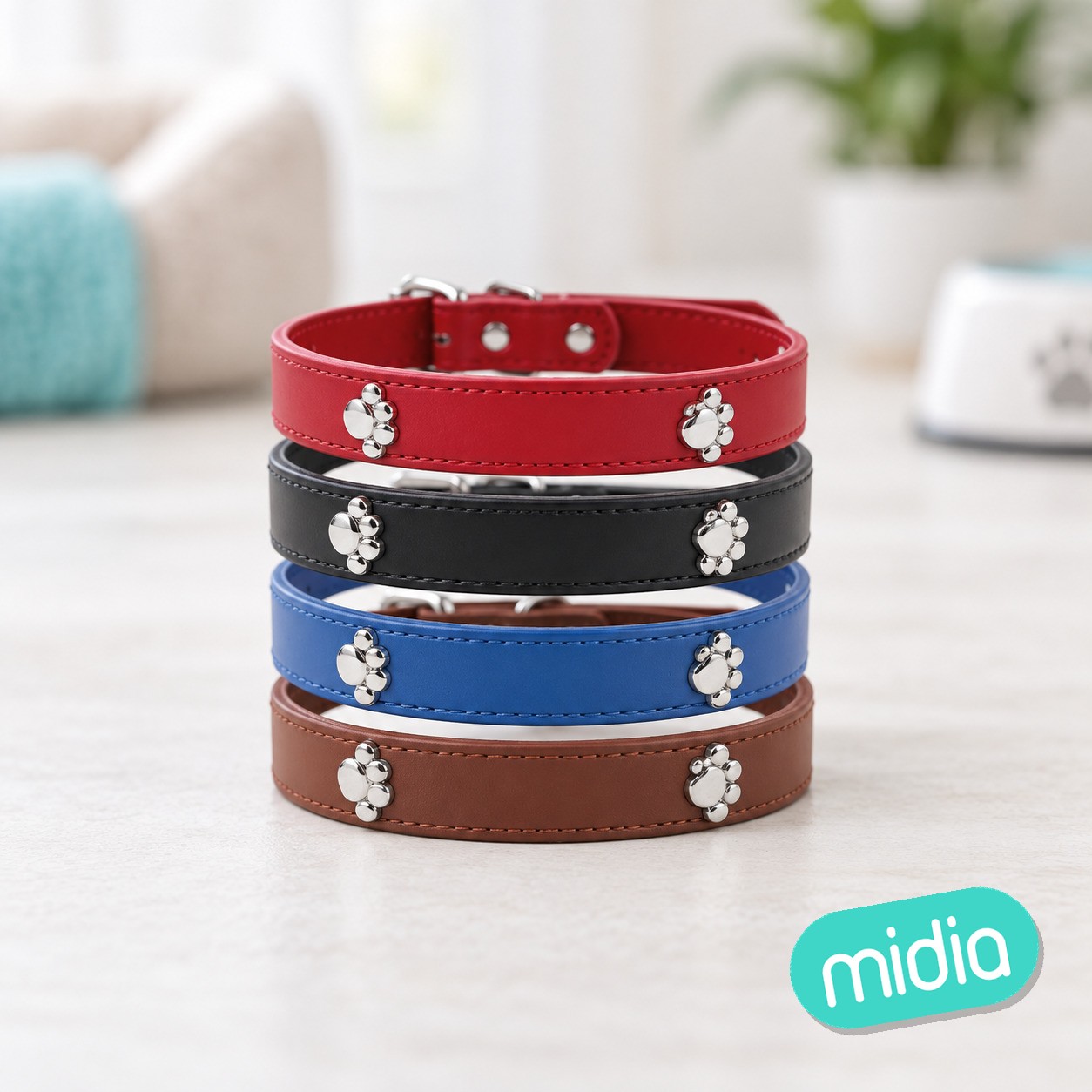 Collar de perro de cuero con huellas decorativas(L,W2.5*L40-51cm,Rojo,Marrón café,Azul,Negro)